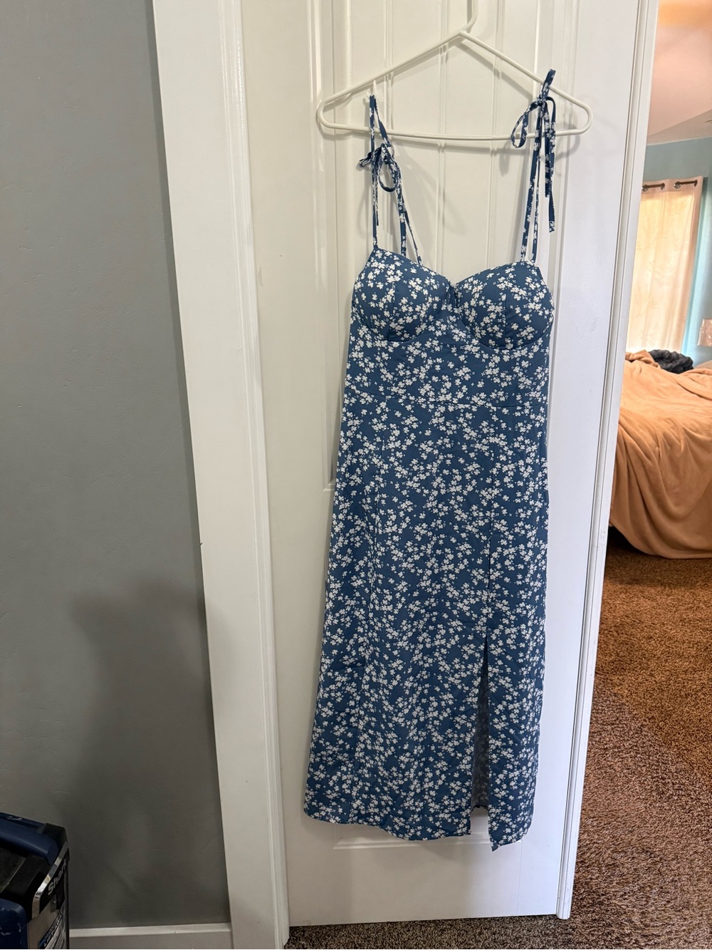Blue Floral Tie-Strap Midi Dress with Front Slit